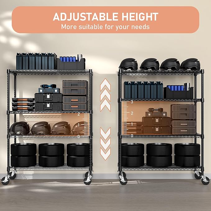 M MZG 53" W Storage Shelves 1760LBS 4 Tier Metal Shelving Unit with Wheels Heavy Duty Garage Shelving Adjustable Wire Shelves for Pantry,Kitchen,Garage,Basement,Black 23.6" D x 53.2" W x 73.6" H - Image 6