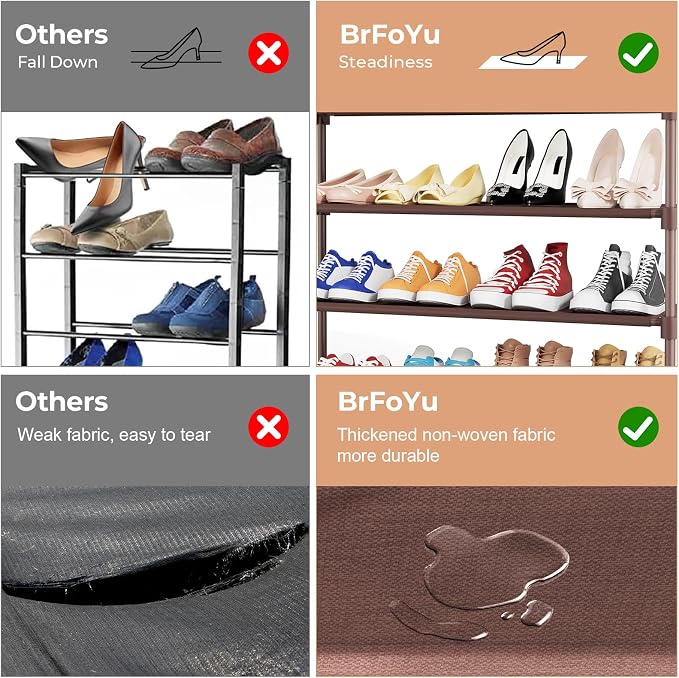 34" Widening Design Shoe Rack for Closet 16 Pairs Small Spaces Non-Woven 3 Tier Shoe Organizer Stackable Metal Shoe Shelf for Entryway, Bedroom Brown - Image 6