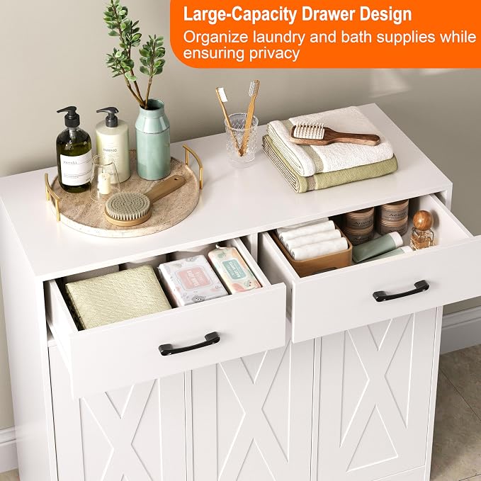 Herture Laundry Hamper Cabinet, Laundry Basket 3 Section with 2 Storage Drawers, Laundry Sorter with Pull-Out Removable Large Bags, 3 x 15.87 Gallons (60L), for Laundry Room Bathroom, White YL01XLW - Image 2