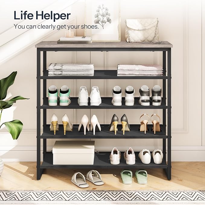 HOOBRO Shoe Rack, 5 Tier Shoe Storage Organizer with 4 Oxford Fabric Shelves and Top Panel, Holds 16-20 Pairs of Shoes, for Entryway and Closet, Industrial, Greige and Black BG50XJ01 - Image 3