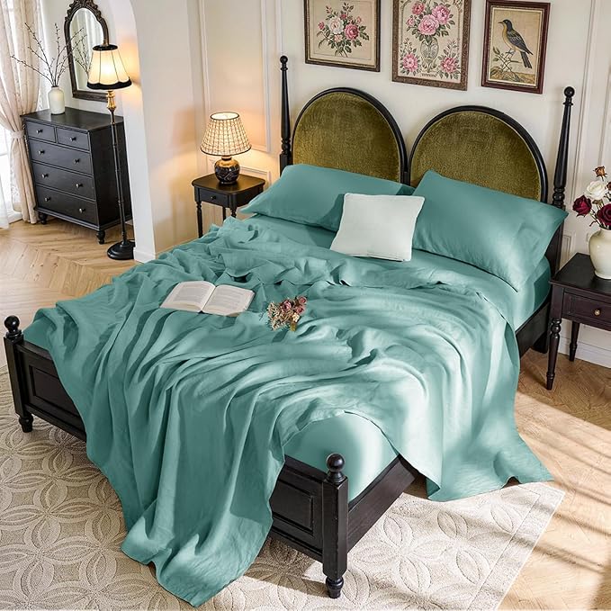 SONORO KATE 100% French Pure Linen Sheets, Breathable and Durable Linen Sheets, Anti-Tear Linen Bed Sheets, Machine Washable, 16 Inch Deep Pocket - 4 Piece (Aqua, California King)