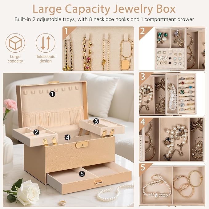 AKOZLIN Travel Jewelry Box Organizer Functional 2-trays Leather Jewelry Storage Case with Lockable Portable Drawer for Women Girls Ring Necklace Earring Bracelet - Image 3