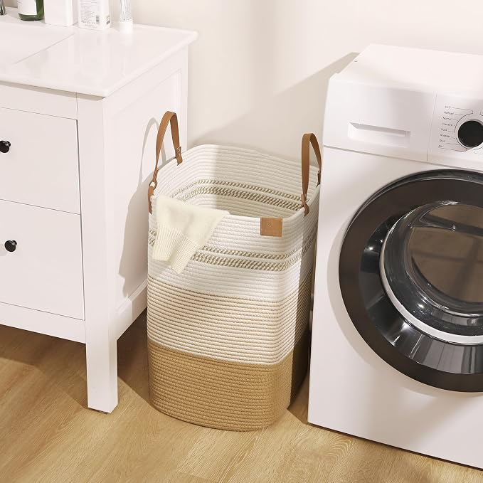 danpinera Large Laundry Hamper – 75L Tall Woven Cotton Storage Basket with Leather Handles, Slim Dirty Clothes Hamper, Decorative Storage Basket for Blanket,Toys White & Jute - Image 9