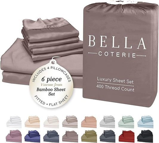 Bella Coterie 6 Piece Luxury Bamboo Viscose Split Top King Size Sheet Set | 34" Split for Adjustable Beds | 100% Organically Grown| Cooling | 18” Deep Pocket | 4 Pillowcases [Mocha]