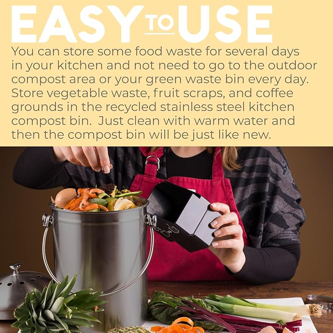 EPICA Countertop Compost Bin Kitchen | 1.3 Gallon | Odorless Composting Bin with Carbon Filters | Indoor Compost Bin with Lid | Stainless Steel Kitchen Composter for Food Scraps & Waste Recycling - Image 6