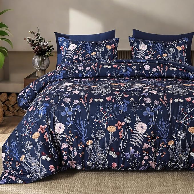 Yiran Queen Comforter Set, 7 Pieces Navy Blue Floral Soft Bedding Sets, Queen Bed in a Bag with Botanical Flowers Winter Comforter, Sheets, Pillowcases & Shams
