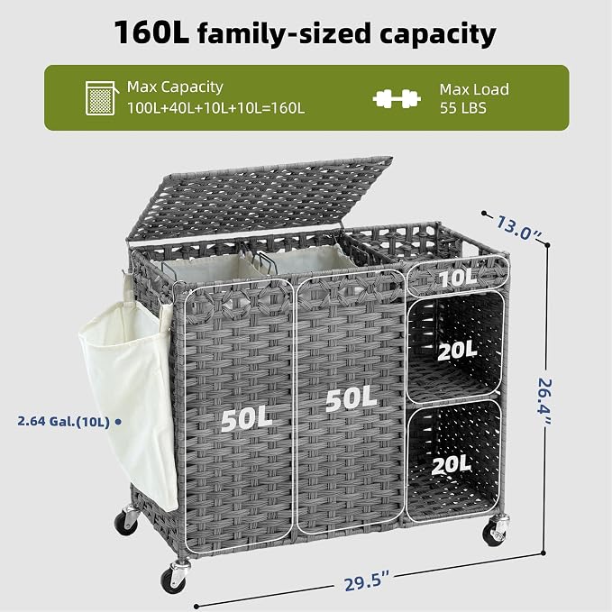 Laundry Hamper with Lid, 160L Rattan Wicker Laundry Basket with Wheels, Handwoven Laundry Hamper 2-Section with Storage shelf(42.3 Gal), Laundry Sorter Basket with Removable Liner, Grey HLH032G - Image 2