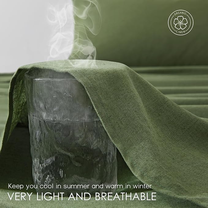 4Pcs Linen Sheets Full Size, 100% French Linen from Normandy, Breathable Forest Green Bed Sheets Full Sheet Set with 16 Inch Deep Pocket, 1 Flat Sheet, 1 Fitted Sheet, 2 Pillowcases