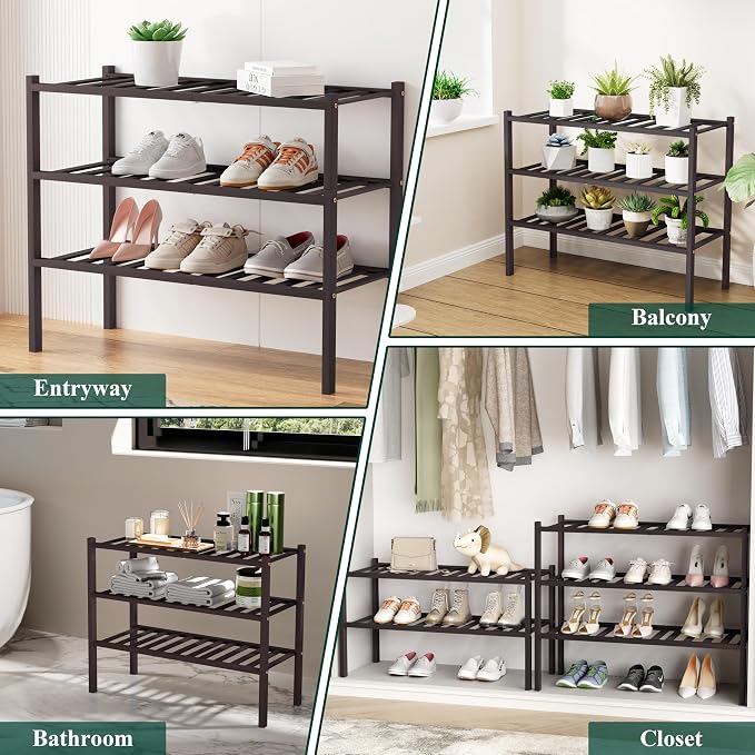 Smiry Shoe Rack, 4 Tier Bamboo Shoe Organizer, Stackable Free Standing Wooden Shoe Storage Shelf for Closet, Entryway, Front Door Entrance, Brown - Image 7