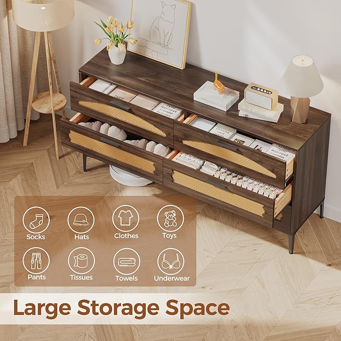 Mericonia 6 Drawer Double Dresser for Bedroom, Wood Rattan Dresser for Closet with Metal Legs, Boho TV Stand with Drawers, Dressers & Chests of Drawers for Bedroom, Hallway and Entryway, Walnut