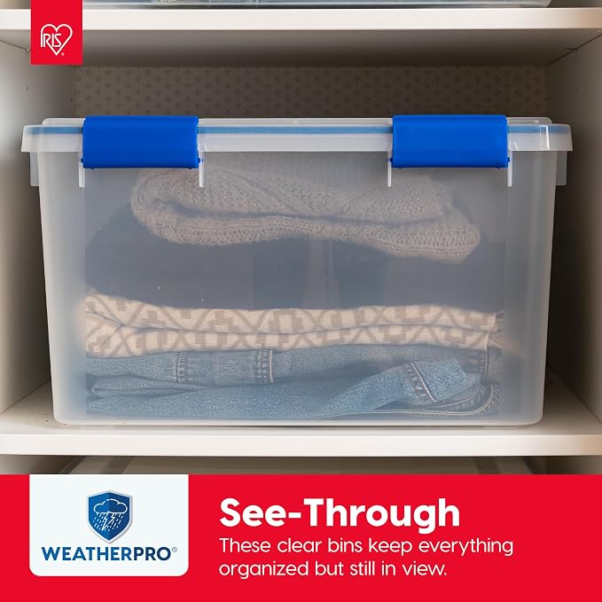 IRIS USA WeatherPro 16 Qt Storage Bins with Lids, 3 Pack, BPA-Free Plastic Gasket Box with Tight Latch and Seal, Stackable Nestable Tote Tub - Clear/Blue - Image 5