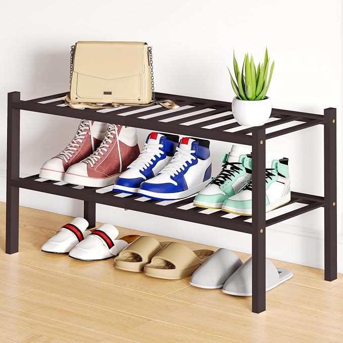 Smiry Shoe Rack, 2 Tier Bamboo Shoe Organizer, Stackable Free Standing Wooden Shoe Storage Shelf for Closet, Entryway, Front Door Entrance, Brown by Smiry