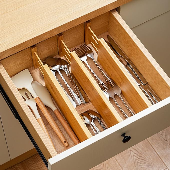 Fabsome Dresser Drawer Organizers 6 Pack, 4.65'' High Adjustable from 17-22‘’ Bamboo Drawer Dividers for Clothing Baby Clothes, Wooden Separators for Dresser Nursery Organization with Soft Foam Ends - Image 2