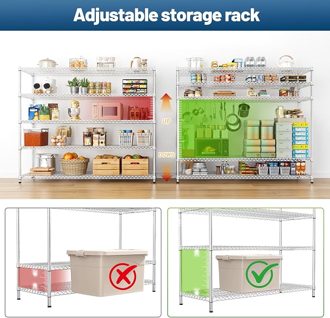 REIBII 55.5" W Storage Shelves 3200LBS Metal Shelving 5 Tier Wire Shelving Garage Shelving Heavy Duty Metal Shelves for Shelving Unit Commercial Adjustable Shelf, 55.5" W X 18''D X 71" H，Chrome - Image 5