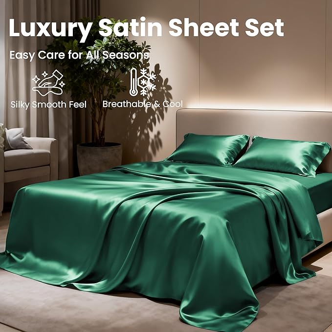 Love's cabin Twin XL Satin Sheet Sets - 3 Piece Dark Green Silky Bed Sheets with Deep Pockets, Luxury Silk Feel Satin Sheet Set Twin XL (1 Flat Sheet,1 Fitted Sheet,1 Pillow case)