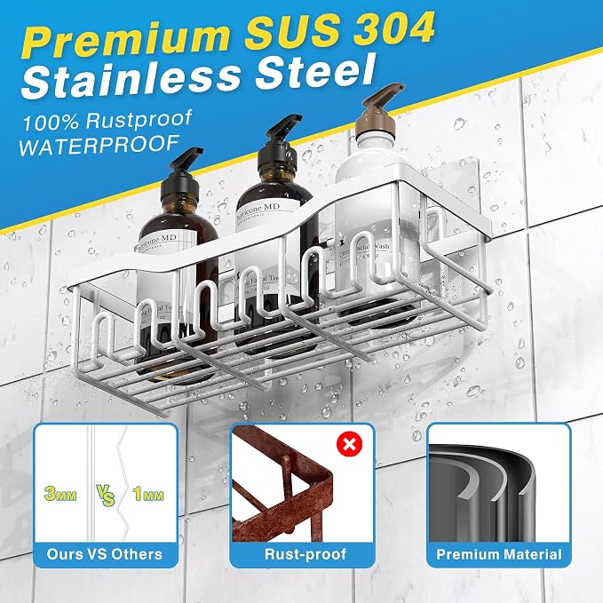 EUDELE 5-Pack Rustproof Stainless Steel Shower Caddy – No Drill Adhesive Bathroom Organizer with Large Capacity, Spacious Shower Shelves for Inside Shower, Kitchen & Home Decor Storage-XL Size - Image 5