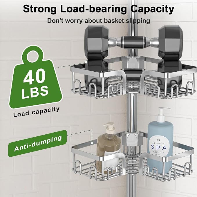 Corner Shower Caddy Tension Pole 4 Tier Adjustable Stainless Steel Shower Shelf for Inside Shower Bathtub Shampoo,Standing Bathroom Organizer Shelves with 39 to 113 inch Height - Image 6