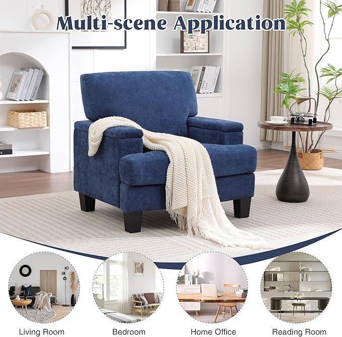 Oversized Accent Chair with Storage Armrest, Modern Upholstered Reading Living Room Chairs, Comfy Large Armchair, Fabric Single Sofa Chair for Bedroom (Navy Blue)