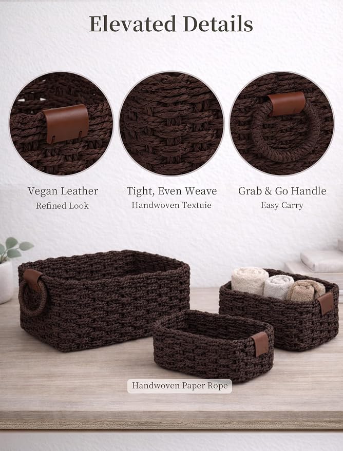 Storage Basket, Recycled Paper Rope Basket Organizer, 3Pcs Small Baskets for Organizing, Mini wicker Basket for Decorative Storage Bins, Shelves, Cabinet - Dark Brown - Image 4