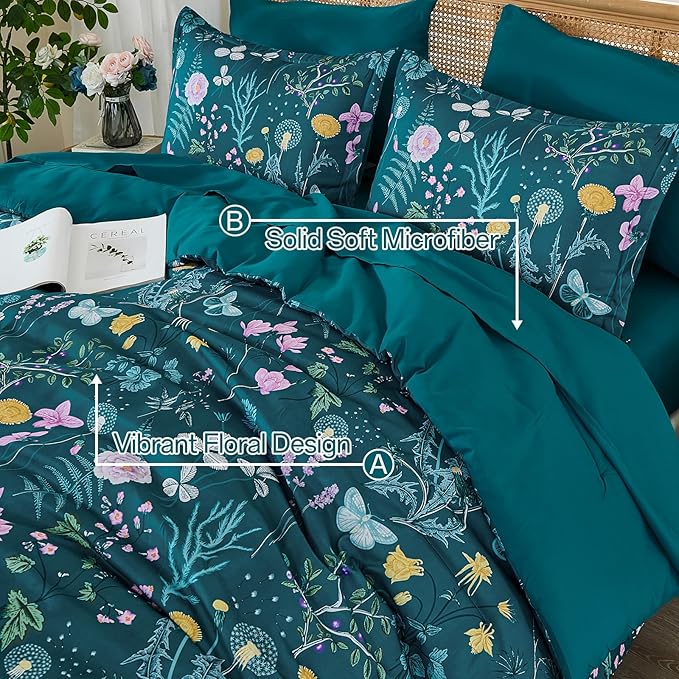 Yiran Teal Blue Comforter Set Queen Size, 7 Piece Floral Botanical Comforter Bedding Set, Farmhouse Bed in a Bag, Soft Microfiber Complete Bedding Set with Sheets for All Season