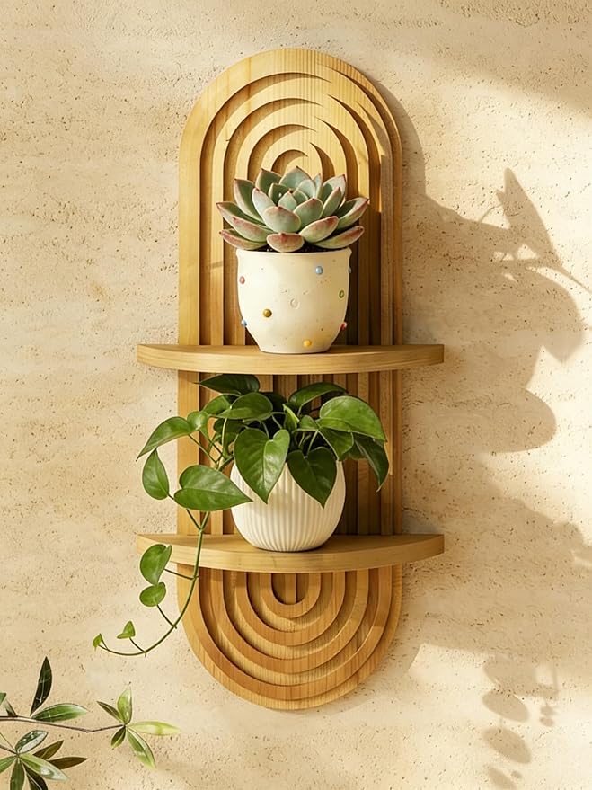 Bamworld Boho Wall Decor Plant Wall Shelf Mid Century Modern Decor Hanging Plant Shelf 2-Tier Wooden Floating Shelves for Home Bathroom Bedroom Living Room Office Holding Planter Decoration Natural by Bamworld