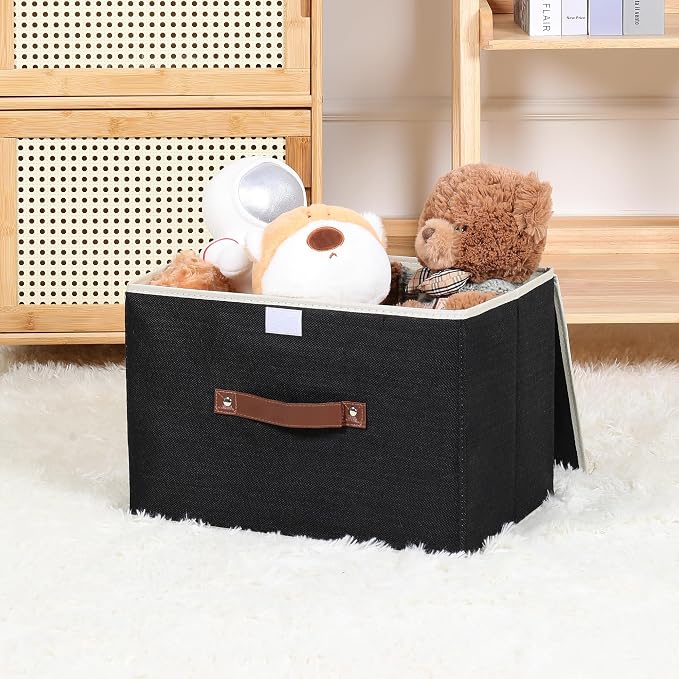 ANMINY Storage Bin with Lid Storage Boxes with PU Leather Handles PP Plastic Board Decorative Foldable Lidded Cotton Linen Fabric Home Cubes Baskets Closet Organizer Container - Black, Large Size - Image 6