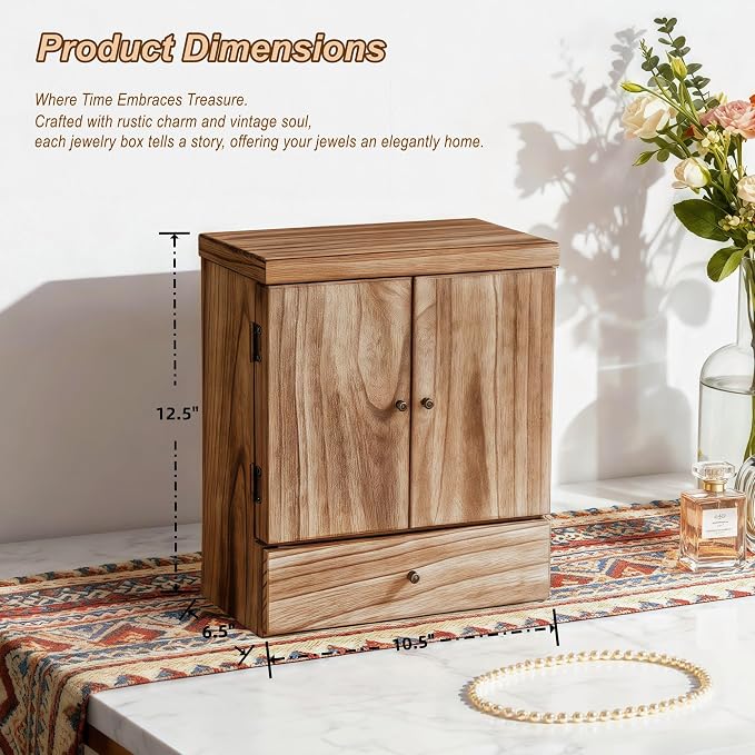 Emfogo Wooden Jewelry Box for Women, 6-Tier Large Jewelry Organizer Boxes with Mirror Rustic Solid Wood jewlery Storage Display for Rings Earrings Necklaces Bracelets watches(Carbonized Black) - Image 2