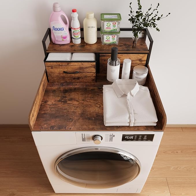 Unionly 2-Tier Washer Dryer Countertop single with shelf and fabirc drawer,laundry topper with Edge and Non-Slip Pad for Washer Dryer Laundry Hamper Counter Storage Organization (rustic brown, single) - Image 6