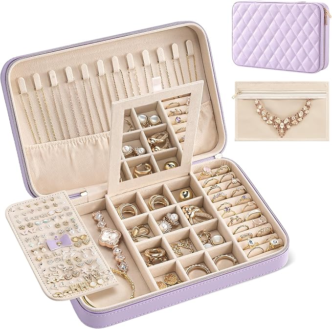 Lolalet Travel Jewelry Case for Women Girls, Travel Jewelry Organizer Box with Mirror & Clear Storage Bag, Small Portable Earring Necklace Bracelet Ring Case, Birthday Valentine Gifts -Large, Purple by Lolalet