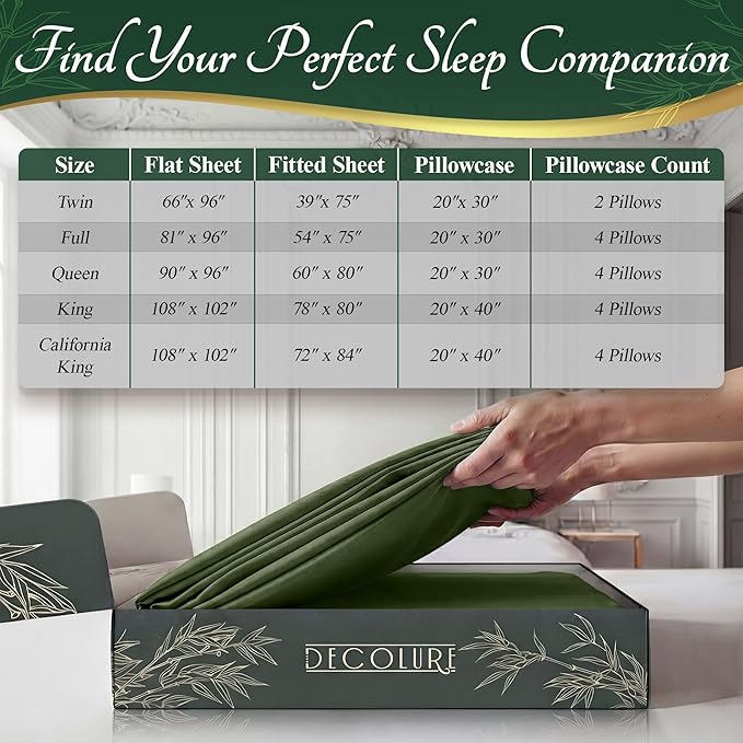 DECOLURE 100% Viscose Derived from Bamboo Sheets King Size - Luxury 6 Pc Naturally Cooling Sheets, Ultra Soft Bed Set - Deep 17" Pockets, Durable Double Stitching, Oeko Tex Standard (Olive)
