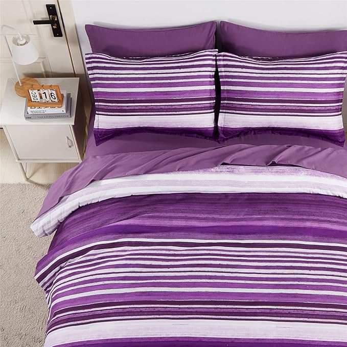 KAKIJUMN 7 Piece Bed in a Bag Stripe Comforter Set King Size, White and Purple Patchwork Striped Comforter and Sheet Set, All Season Soft Microfiber Complete Bedding Sets(Purple,King)
