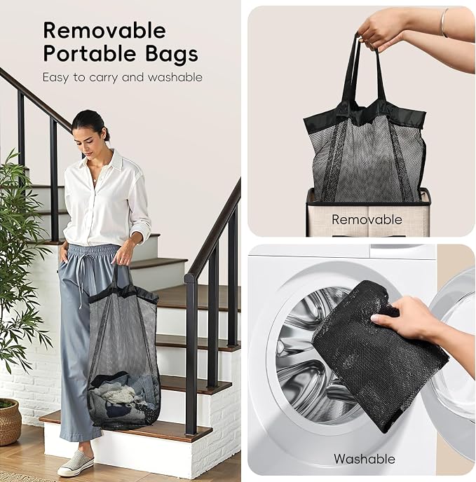 100L Laundry Hamper with Lid, Large Clothes Hampers with Removable Bag, Collapsible Laundry Basket for Bathroom, Bedroom, Laundry Room, Dorm, Beige - Image 5