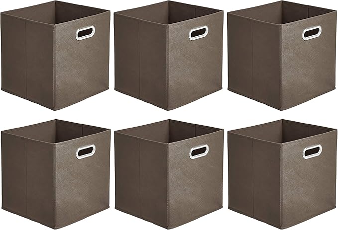 Amazon Basics Collapsible Fabric Storage Bins with Handle, Sturdy Space-Saving Cube Organizer, 10.5" x 10.5" x 11", Taupe, 6-Pack by AmazonBasics