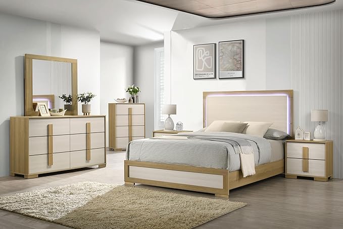 Kings Brand Furniture 6-Piece Natural/White Bedroom Set - King Size Bed with LED Lights, Dresser, Mirror, Chest and 2 Nightstands