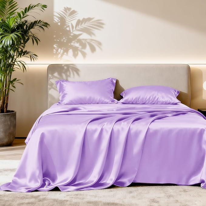 Love's cabin Full Size Satin Sheet Sets - 4 Piece Lavender Silky Sheet Set with Deep Pocket, Luxury Silk Feel Satin Sheets Full Bedding Set (1 Flat Sheet,1 Fitted Sheet,2 Pillow Cases)