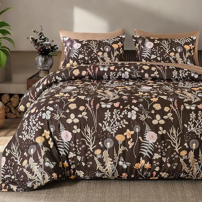 Yiran Brown Comforter Set Queen Size, 7 Piece Floral Comforter Bedding Set, Farmhouse Bed in a Bag, Soft Microfiber Complete Bedding Set with Sheets for All Season