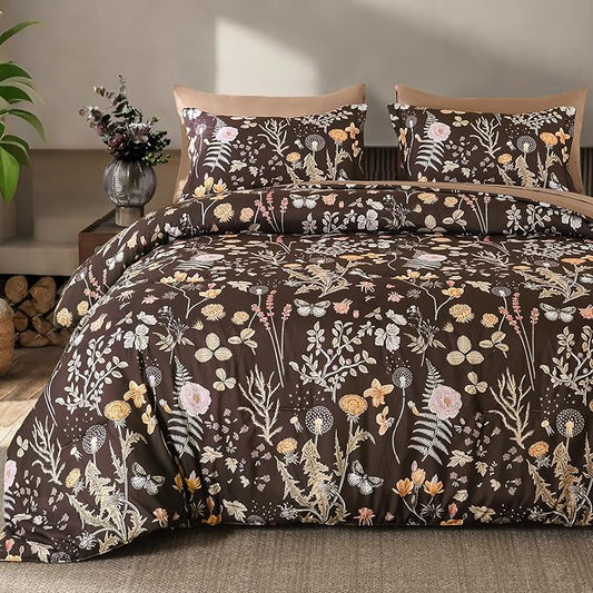 Yiran Brown Comforter Set Queen Size, 7 Piece Floral Comforter Bedding Set, Farmhouse Bed in a Bag, Soft Microfiber Complete Bedding Set with Sheets for All Season