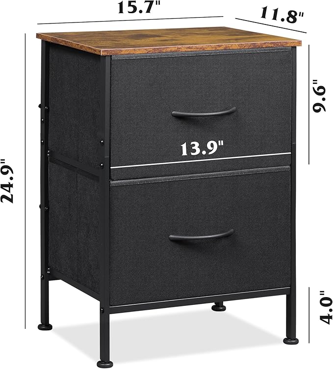 WLIVE Nightstand, Nightstand with 2 Drawers, Bedside Furniture, Night Stand, Small Dresser for Bedroom, College Dorm, End Table with Fabric Bins, Dormitory, Black and Rustic Brown