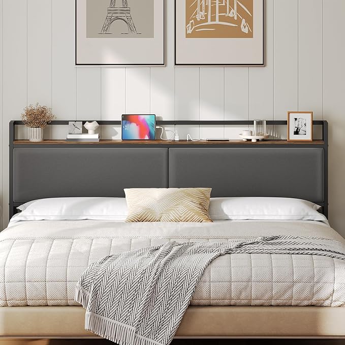 YATINEY King Size Headboard Only, King Headboard with Charging Station, Upholstered Head Board with Open Storage, Height Adjustable, Vintage Style, Sturdy and Stable, Rustic Brown, Gray and Black