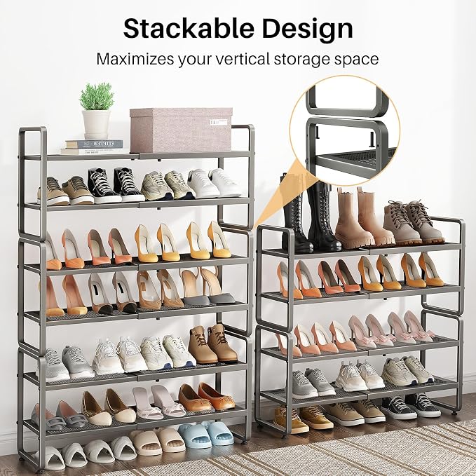 SNTD Shoe Rack - Expandable Shoe Organizer for Closet, Adjustable Metal Shoe Shelf Storage, Stackable Long Shoe Stand Holder for Garage, Entryway, Door Entrance (Grey, 4-Tier) - Image 6
