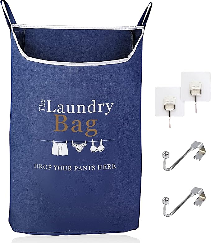 Fine Living Co. Large Hanging Laundry Hamper with Over Door Hooks & Adhesive, Durable Space Saving Laundry Bag with Zipper and Wide Open Top, Hanging Dorm Laundry Hamper (Navy Blue with Print-XL) by TheFineLivingCompany
