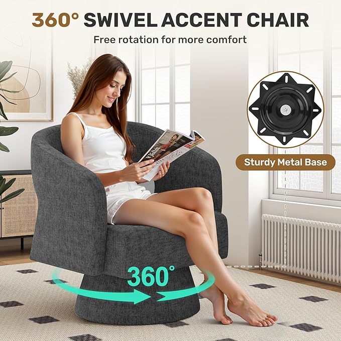 Nebuaegis Swivel Accent Chair, Modern Comfy Chenille Barrel Chairs, Oversized Upholstered Round Arm Chair for Living Room, Bedroom, Reading Room, Black, 1 PCS