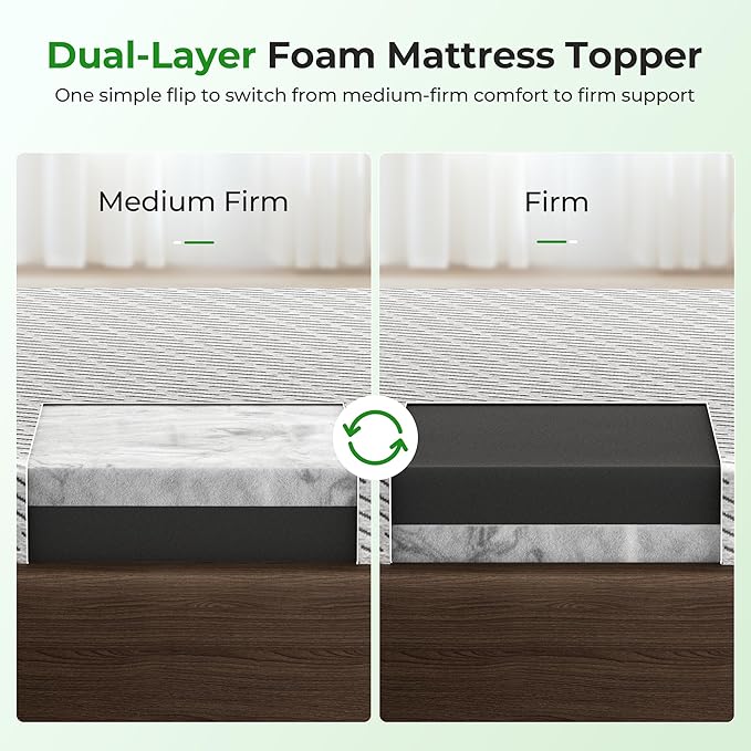 Bamboo Mattress Topper Queen Size 2 Inch, Cooling Gel & Bamboo Charcoal Memory Foam Mattress Topper for Back Pain Relief, Firm Dual-Layer Foam Bed Pad with Removable Cover