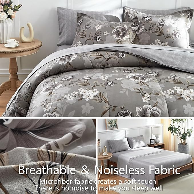 AIKASY 7-Piece Queen Size Bed in a Bag Comforter Set - Taupe Floral Ensemble with Reversible Botanical Flowers Comforter, Sheets, Pillowcases & Shams