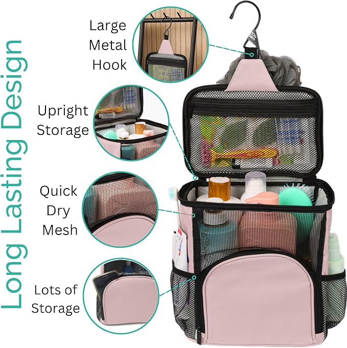TERRA HOME College Dorm Room Essentials for Girls - Original Shower Caddy Dorm - Portable, Durable, Roomy, Foldable Water Resistant Shower Bag in Light Pink with Metal Hook for Hanging (Blush Pink) - Image 3
