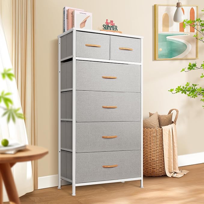 Mifuro Tall Dresser for Bedroom, Vertical Storage Organizer Tower with 6 Drawers, Chest of Drawers with Fabric Bins, Steel Frame, Wood Top for Bedroom, Closet, Entryway- Light Grey - Image 2