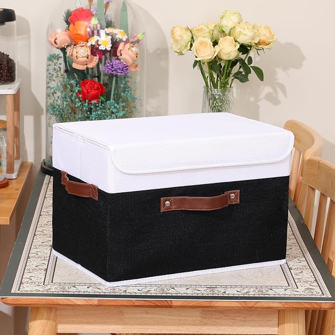 ANMINY Storage Boxes with Lids Washable Decorative Storage Bins Basket with PU Leather Handle Foldable Linen Fabric Storage Cubes Containers for Home Closet Organizer - Black White, Large Size - Image 8