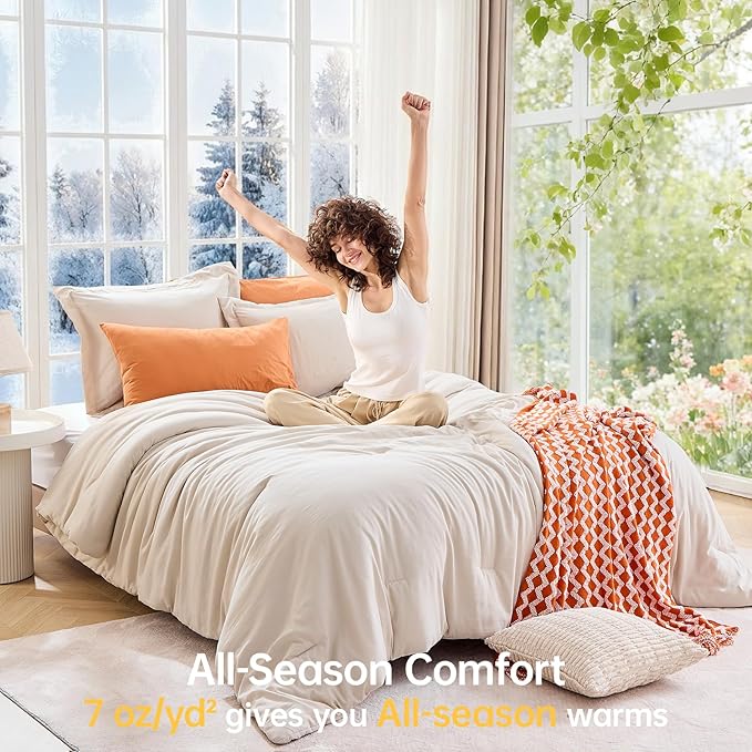 MUXHOMO Beige Full Comforter Sets, All Season Ultra Soft Down Alternative Bedding - 3 Piece Lightweight Bed Set Includes 1 Comforter (82"x86") and 2 Pillow Shams (20"x26")