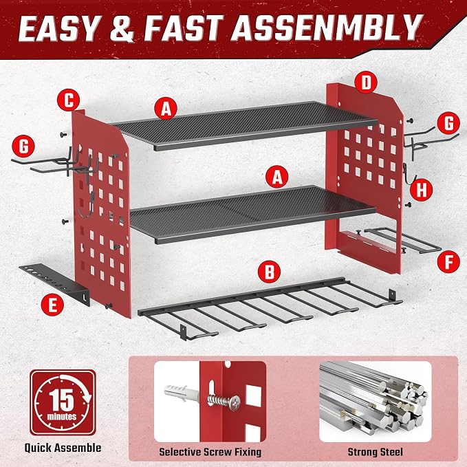 SUNALLY Power Tool Organizer, Heavy Duty Wall Mount Tool Organizer 3 Layers with 4 Drill Holders, Garage Tools Storage Rack with 2 Side Pegboards and Hooks for Workshop, Shed, Red - Image 4