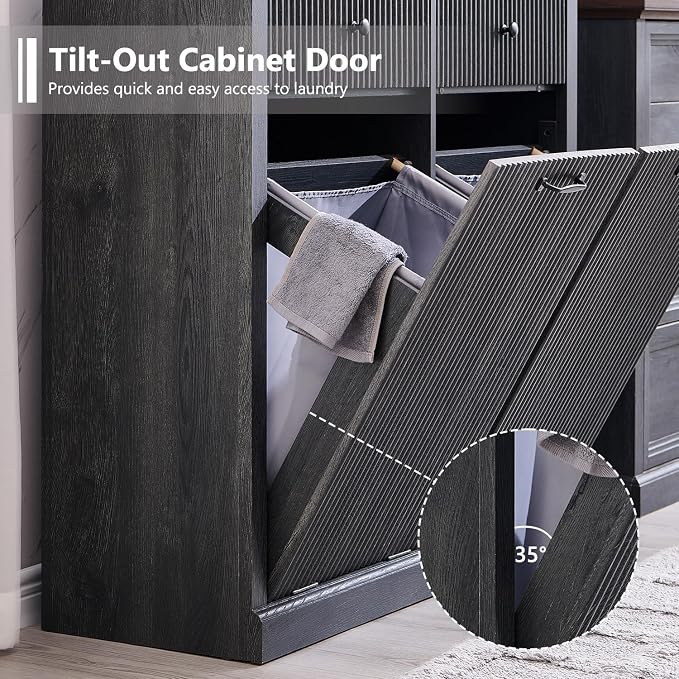 IFBUY Modern Double Tilt-Out Laundry Hamper Cabinet, 20 Gallon Fluted Trash Can Cabinet w/2 Drawers, Wooden Hidden Garbage Can Cabinets w/Laundry Basket, Free Standing for Bathroom and Kitchen, Grey - Image 5